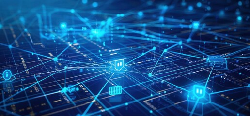 Blue background with glowing lines and digital icons representing data flow