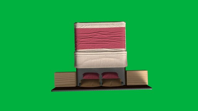 A bed with two pillows and a green background