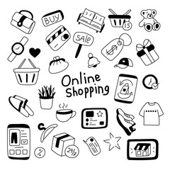 Set of online shopping elements in doodle style.