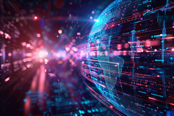 Futuristic digital globe with data visualization and technology concepts, showcasing global connectivity and innovation in a vibrant, neon setting.