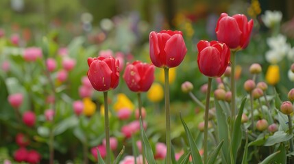 Fototapeta premium Red tulips set against a backdrop of flowers