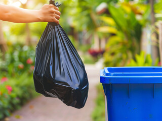 hand throwing  black garbage bag into trash bin