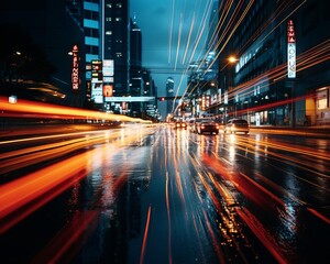 Obraz premium Blurred tail lights showing speed on a busy street at night focus on motion, vibrant, blend mode, downtown backdrop