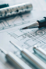 Close-up of architectural blueprints with precision tools. Ideal for construction, design, and engineering projects, highlighting technical detail.