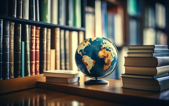 Books neatly arranged on a bookshelf with a global forex graph in the background