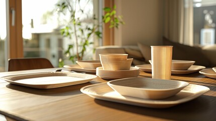 A 3D printed tableware set, including plates and cups, made from recycled food packaging, set on a simple, elegant dining table.