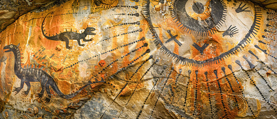 Ancient Cave Art Depicting Alien-like Figures Intricate Rock Paintings Showcasing Mysterious Anthropomorphic Creatures in a Historic Archaeological Setting Wallpaper Digital Art Poster Brainstorming