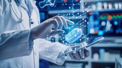 The hands of a scientist in a pharmaceutical company releases a new product or new medical equipment. Technology, science concept.