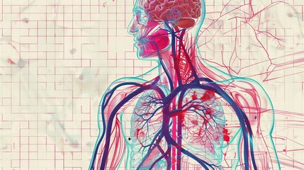 Technical cutaway illustration of the human circulatory system focus on, educational diagram, vibrant, composite against a grid paper backdrop