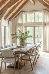 Obraz premium modern rustic dining room with a vaulted wooden ceiling and large windows
