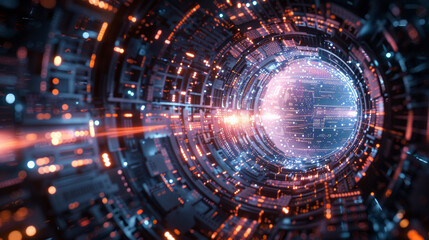 Obraz premium Futuristic digital tunnel with glowing lights and intricate circuitry, representing high-tech innovation, cyber technology, and digital communication.