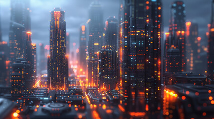 Fototapeta premium A stunning aerial view of a futuristic cityscape at night, illuminated by glowing lights, showcasing modern skyscrapers and advanced urban infrastructure.