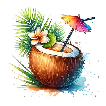 recommend clip art: An illustration for summer, rendered in watercolor style, Beach cocktail clipart served in a coconut shell.
