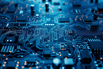 A close-up image of a blue-colored electronic circuit board, highlighting intricate circuitry and components, symbolizing technology and connectivity.