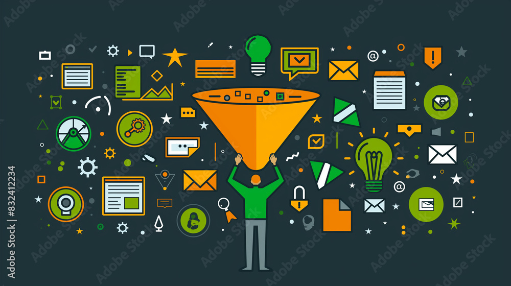 Poster a person holding a funnel with leads pouring into it, surrounded by icons representing different lea