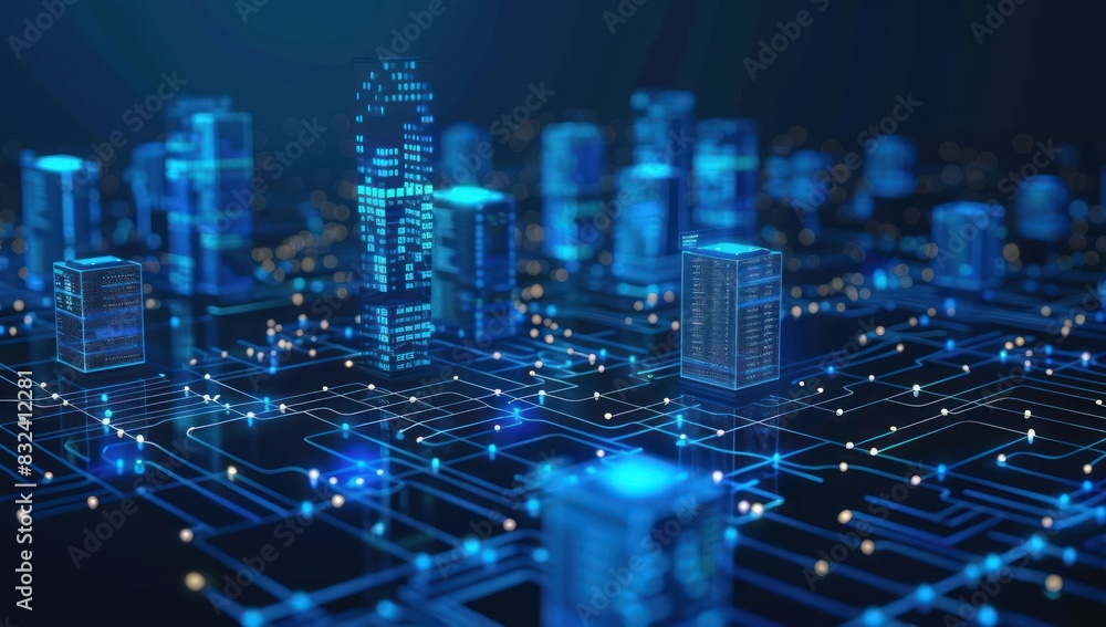 Poster blue digital circuit with data blocks and holographic icons on a dark background