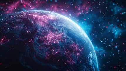Fototapeta premium A stunning view of Earth from space, highlighted with vibrant blue and pink nebulae, showcasing the beauty of our universe.
