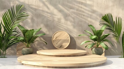 Obraz premium wooden podium with green tropical concept and concrete backdrop.