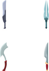 Four isolated fantasy weapon icons showcasing unique designs