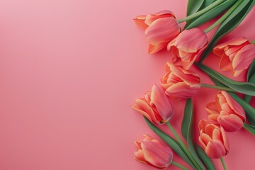 Spring flowers composition. A bouquet of pink tulips flowers on pastel pink background. Intended for Valentine's Day, Easter, Birthdays, Women's Day, Mother's Day. Flat lay, top view with copy space.
