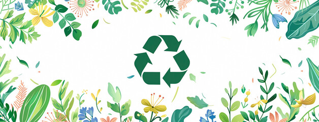 Wide banner illustration of recycle and reuse, natural green color plants and leaves with recycle logo on white background with copy space 