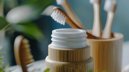 A toothpaste made from natural ingredients and packaged in a bamboo container to complement the use...