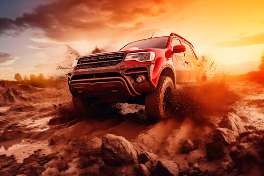 sunset. Offroad red car driving through mud, red 4x4 theme. high-speed highway. banner