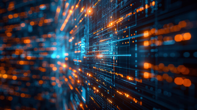 Futuristic digital interface with glowing data streams and circuits in blue and orange hues, representing technology, communication, and innovation.