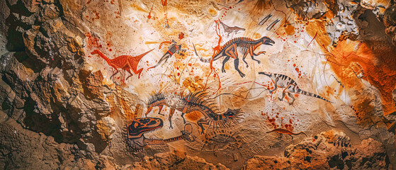 Ancient Cave Art Depicting Alien-like Figures Intricate Rock Paintings Showcasing Mysterious Anthropomorphic Creatures in a Historic Archaeological Setting Wallpaper Digital Art Poster Brainstorming