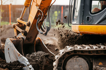 Excavator digging in the dirt on a construction site, close-up