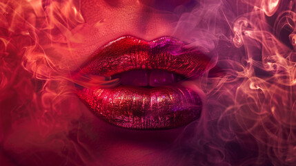 Women with metallic lipstick blowing red smoke. Banner for vape shope