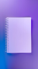 a white blank single piece of paper, top down view of the notebook. neon Purple colours in the background. Close up