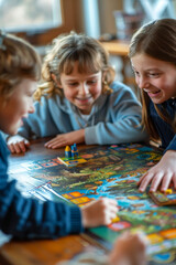 Three smiling children playing an engaging board game together, fostering fun and friendship around a vibrant game board at home.