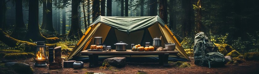 Camping gear arranged neatly outside a tent in the woods close up, camping essentials, realistic, overlay, forest floor backdrop