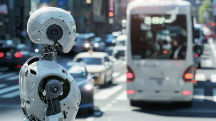 Fototapeta premium Robot observing city traffic, highlighting advanced AI technology and future urban automation in a bustling metropolis setting.