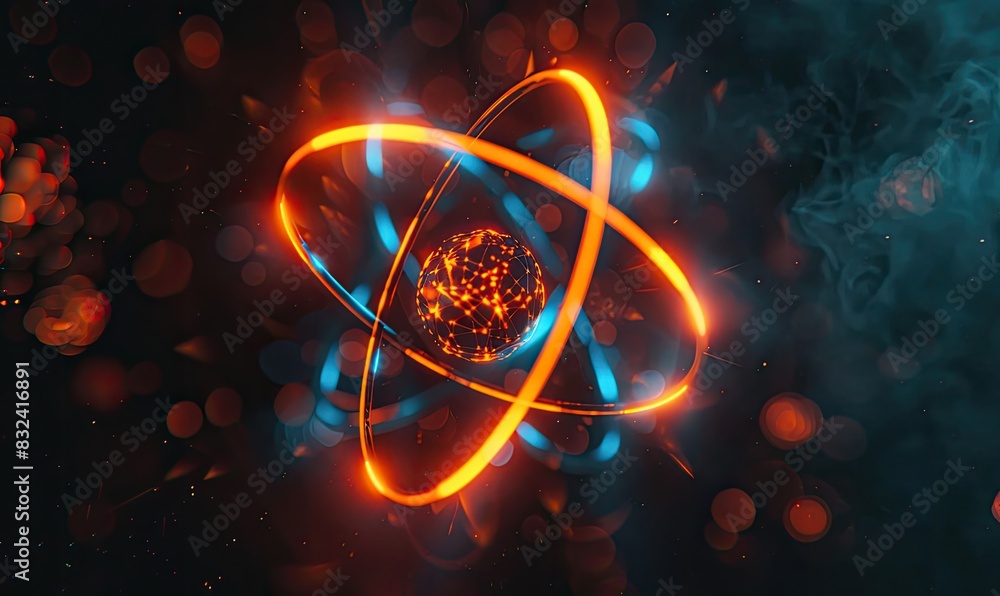 Poster glowing atomic structure in abstract art