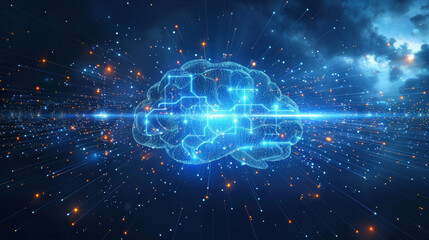Futuristic digital brain with neural network connections and glowing blue lights, representing artificial intelligence, technology, and innovation.