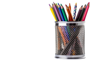 Metal pencil holder with school supplies