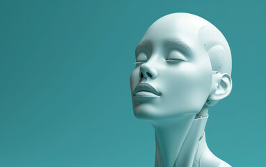 Futuristic AI humanoid robot with lifelike features, closed eyes, and serene expression, set against a teal background. Advanced technology and artificial intelligence concept.