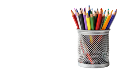 Metal pencil holder with school supplies