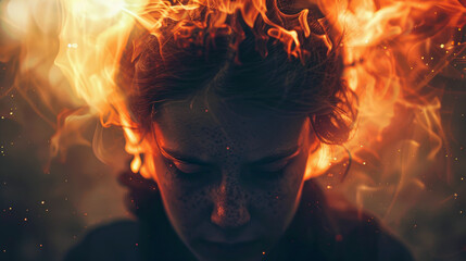 Fototapeta premium tired woman with burning head. Concept of emotional burnout, psychological disorder and human under stress