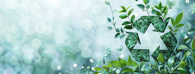 Wide banner illustration of recycle and reuse, natural green color plants and leaves with recycle logo on white background with copy space 