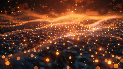 Obraz premium Abstract digital landscape with glowing orange dots and connecting lines, representing a futuristic network and technology concept.