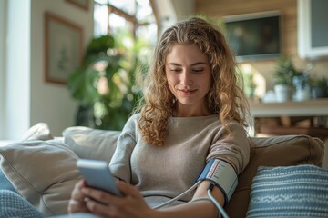 Woman monitoring blood pressure at home, emphasizing health awareness and self-care.