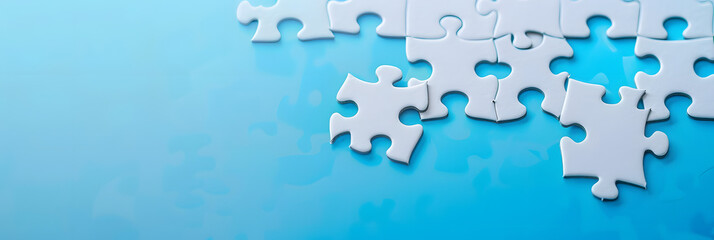 A white jigsaw puzzle on a blue background with blank space for an image. Creative banner. Copyspace image