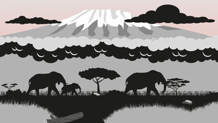 Safari vector. Silhouettes of elephants on the background of African nature. Nature safari. © Alex Darts