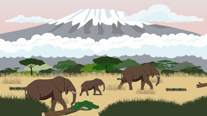 Elephants on the background of African nature. Safari vector. Nature safari.