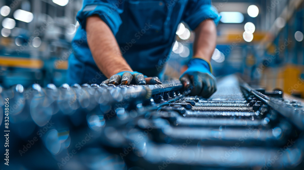 Poster close-up of a worker's hands adjusting machinery on a factory assembly line, emphasizing manual labo