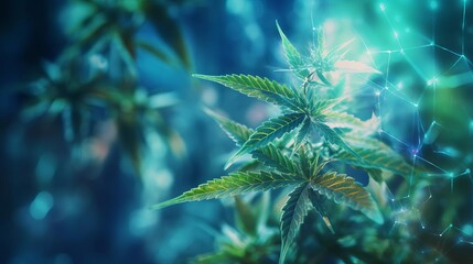 Cannabis leaf wrapped around a DNA helix close up, genetic breakthroughs, ethereal, manipulation, hightech lab backdrop