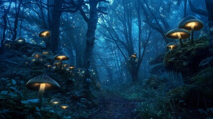 Enchanted forest with glowing mushrooms for fantasy or magical themed designs